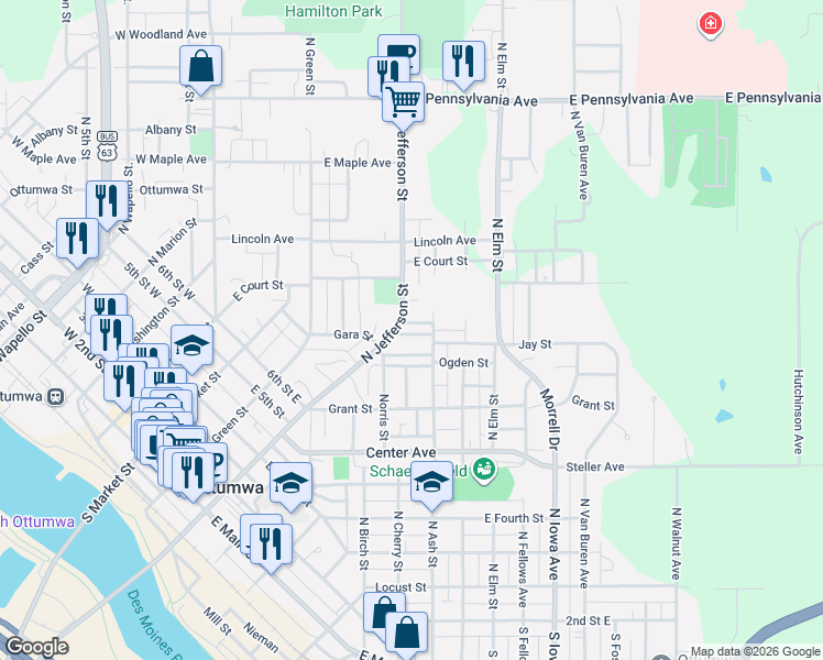 map of restaurants, bars, coffee shops, grocery stores, and more near Jay Street in Ottumwa