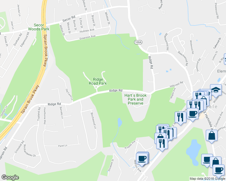 map of restaurants, bars, coffee shops, grocery stores, and more near 194 Ridge Road in Hartsdale