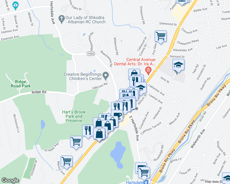 map of restaurants, bars, coffee shops, grocery stores, and more near 9 Hillcrest Road in Hartsdale