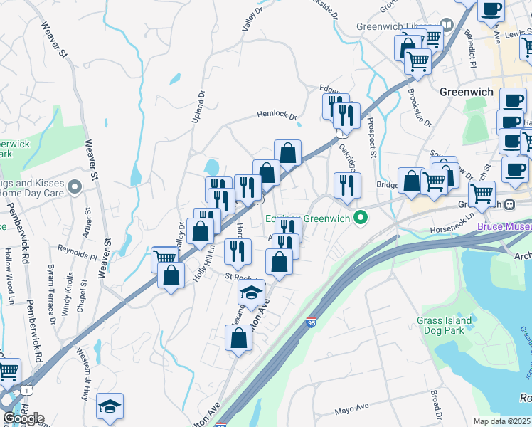 map of restaurants, bars, coffee shops, grocery stores, and more near 460 West Putnam Avenue in Greenwich