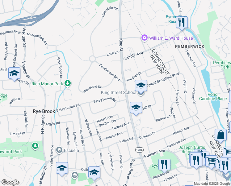 map of restaurants, bars, coffee shops, grocery stores, and more near 39 Betsy Brown Road in Port Chester