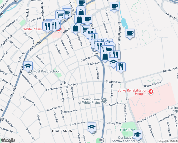 map of restaurants, bars, coffee shops, grocery stores, and more near 15 Grandview Avenue in White Plains