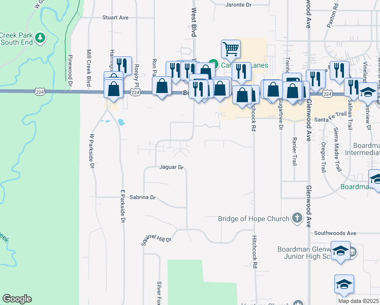 map of restaurants, bars, coffee shops, grocery stores, and more near 7379 Bonnie Place in Youngstown
