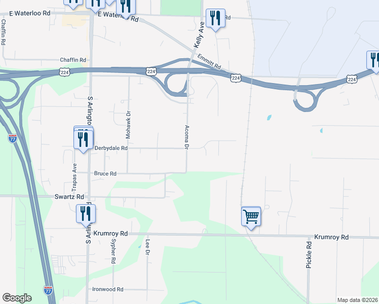 map of restaurants, bars, coffee shops, grocery stores, and more near 1625 Acoma Drive in Akron
