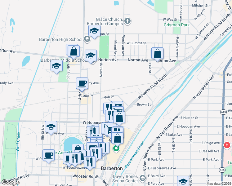 map of restaurants, bars, coffee shops, grocery stores, and more near 353 1/2 Van Street in Barberton