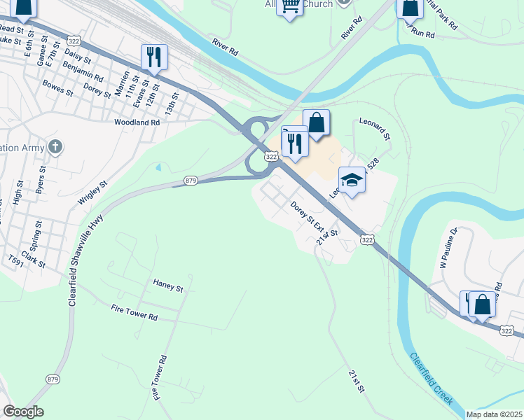 map of restaurants, bars, coffee shops, grocery stores, and more near in Clearfield