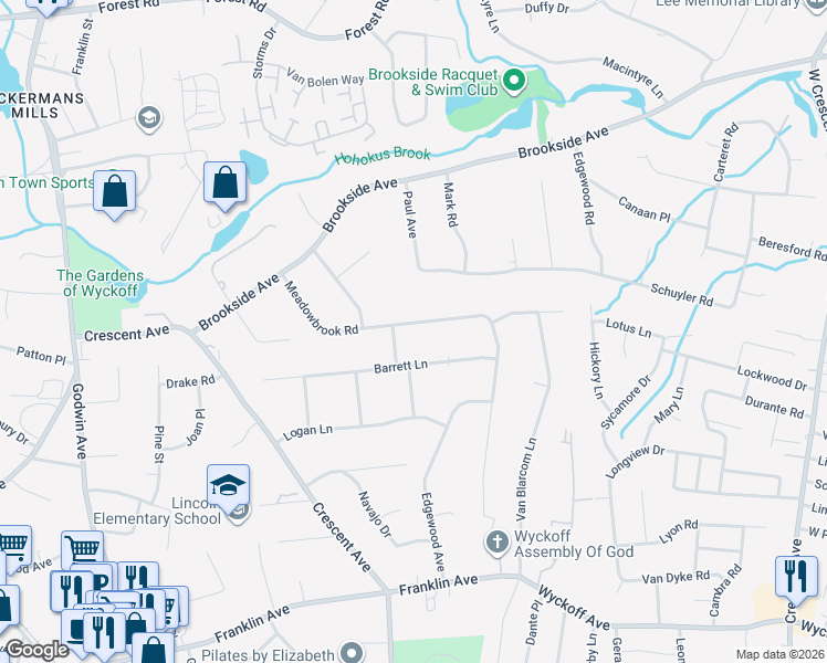 map of restaurants, bars, coffee shops, grocery stores, and more near 319 Meadowbrook Road in Wyckoff