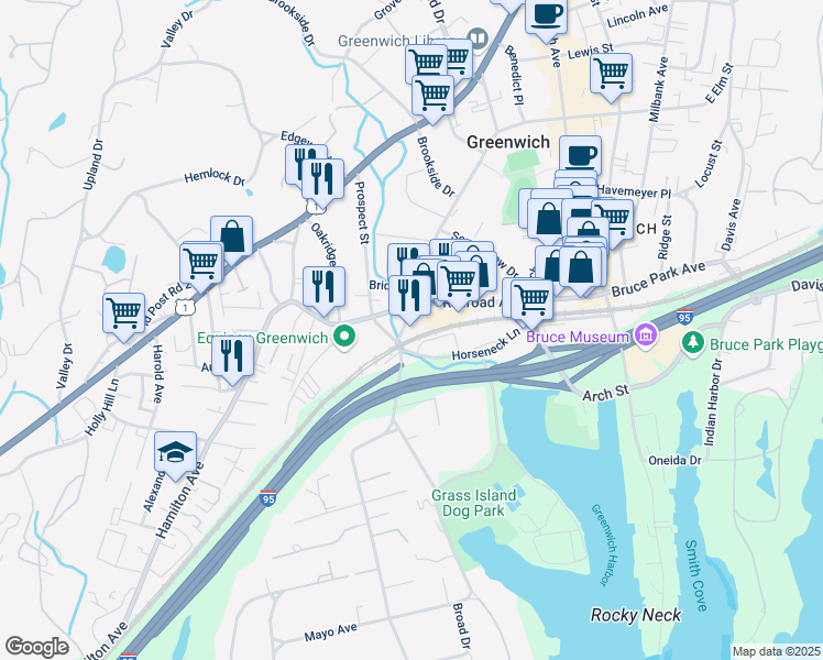 map of restaurants, bars, coffee shops, grocery stores, and more near 255 Field Point Road in Greenwich