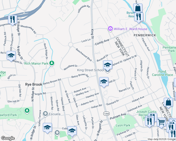 map of restaurants, bars, coffee shops, grocery stores, and more near 39 Betsy Brown Road in Port Chester