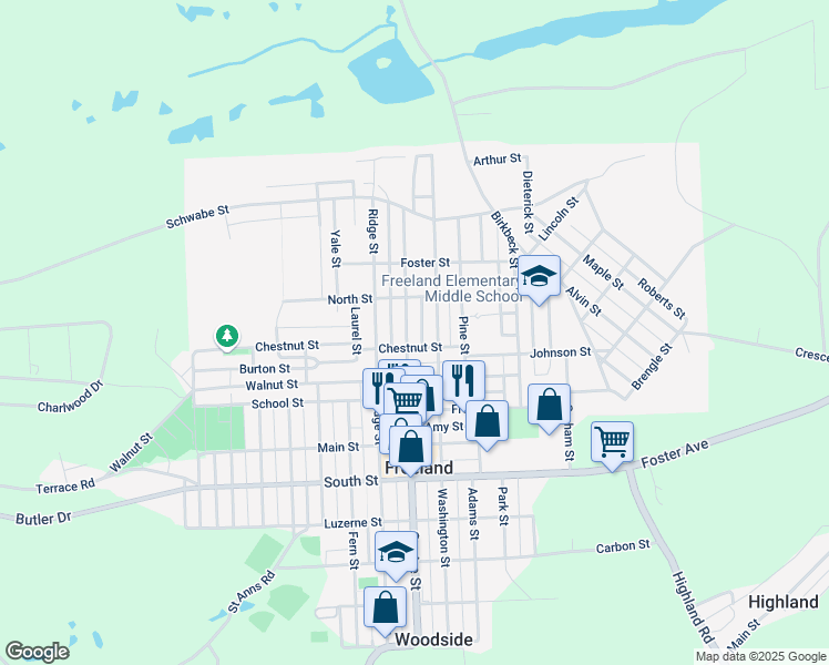 map of restaurants, bars, coffee shops, grocery stores, and more near 917 Centre Street in Freeland
