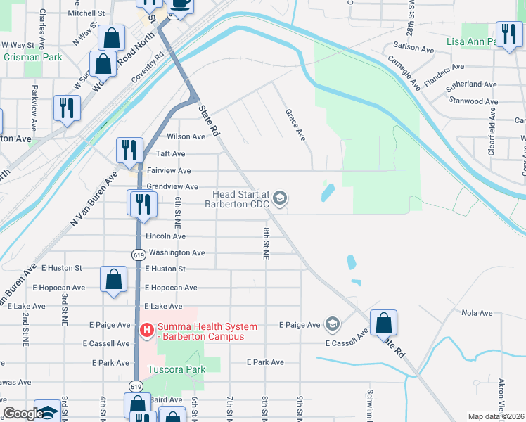 map of restaurants, bars, coffee shops, grocery stores, and more near 651 Franklin Avenue in Barberton