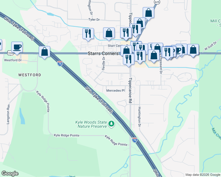 map of restaurants, bars, coffee shops, grocery stores, and more near 3695 Mercedes Place in Canfield