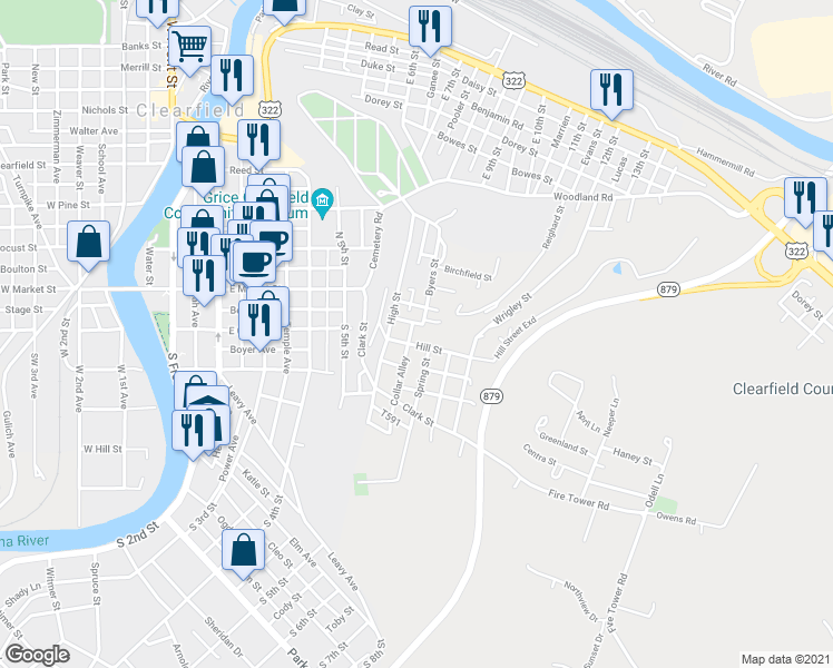 map of restaurants, bars, coffee shops, grocery stores, and more near 124 Hill Street in Clearfield