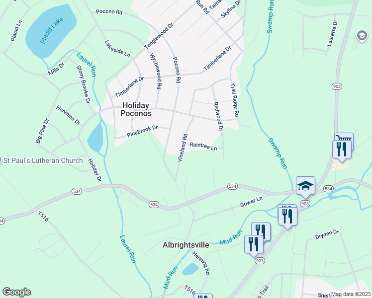 map of restaurants, bars, coffee shops, grocery stores, and more near 34 Vineland Road in Holiday Poconos