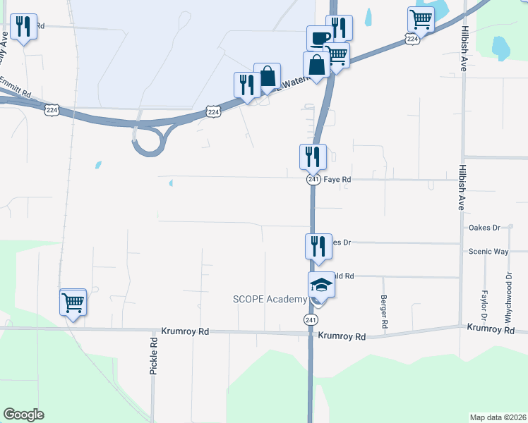 map of restaurants, bars, coffee shops, grocery stores, and more near 1701 Woods Road in Akron
