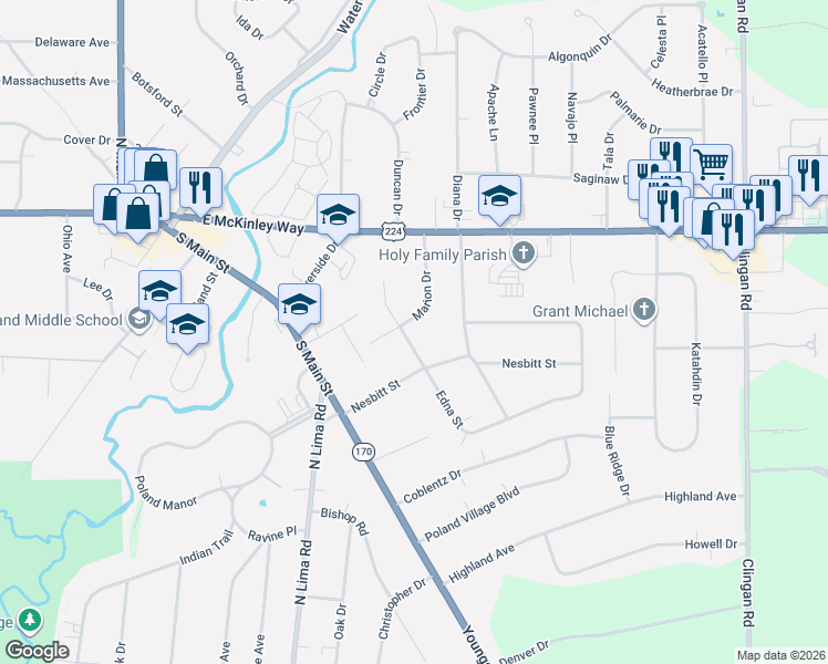 map of restaurants, bars, coffee shops, grocery stores, and more near 195 Edna Street in Poland