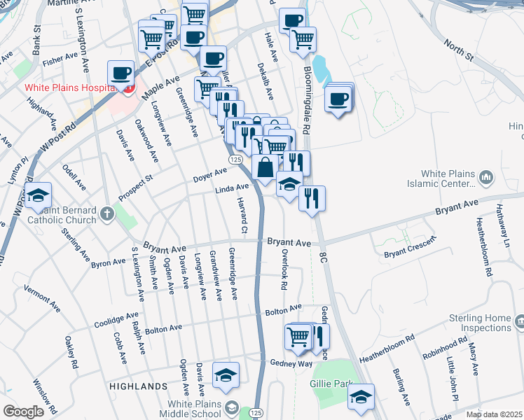 map of restaurants, bars, coffee shops, grocery stores, and more near 72 Old Mamaroneck Road in White Plains