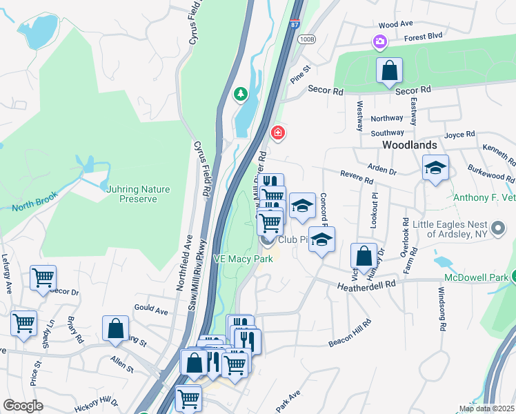 map of restaurants, bars, coffee shops, grocery stores, and more near 907 Saw Mill River Road in Ardsley