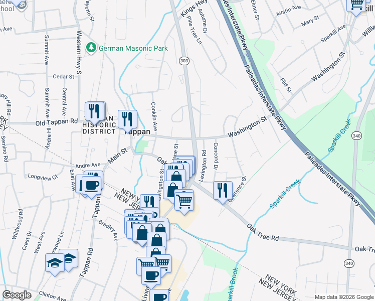 map of restaurants, bars, coffee shops, grocery stores, and more near 26 Lexington Road in Tappan