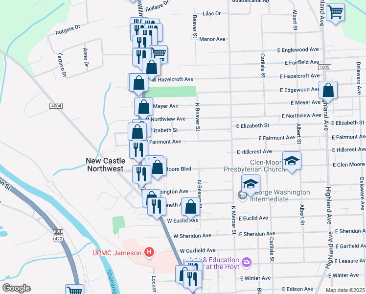map of restaurants, bars, coffee shops, grocery stores, and more near 111 West Fairmont Avenue in New Castle