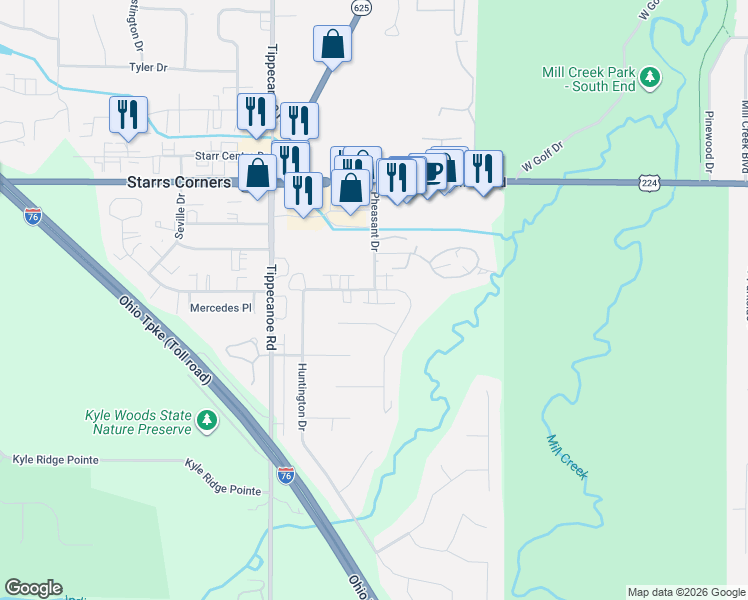map of restaurants, bars, coffee shops, grocery stores, and more near 1330 Pheasant Court in Youngstown