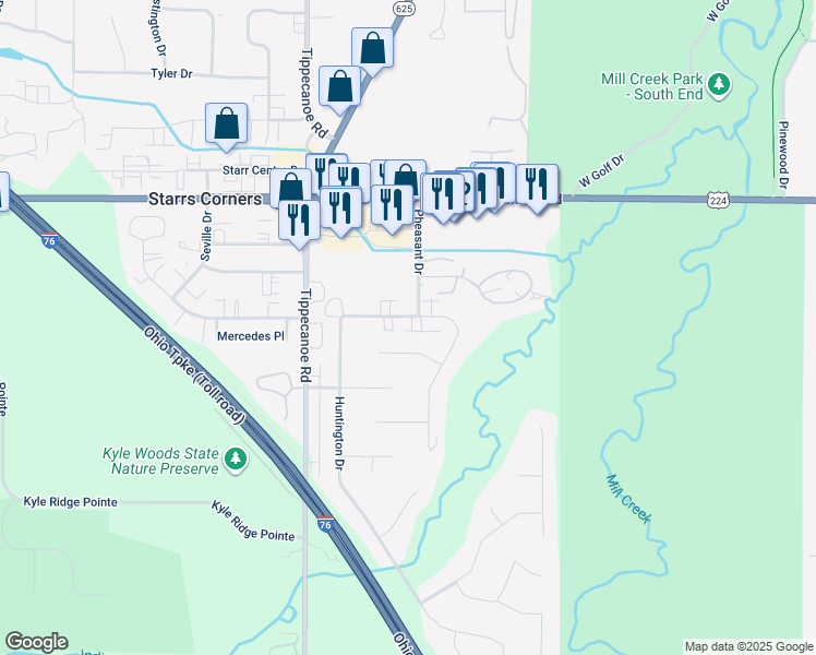 map of restaurants, bars, coffee shops, grocery stores, and more near 1330 Pheasant Court in Youngstown