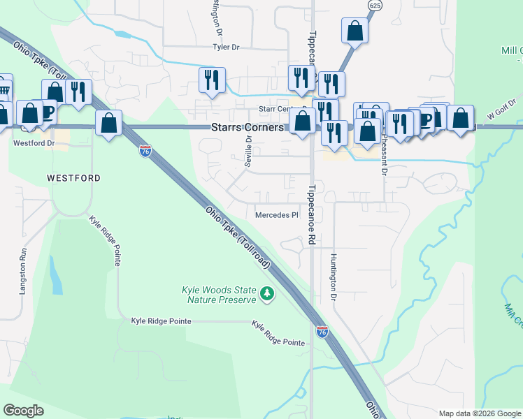 map of restaurants, bars, coffee shops, grocery stores, and more near 3755 Mercedes Place in Canfield