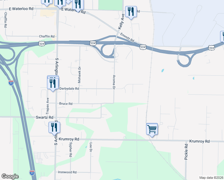 map of restaurants, bars, coffee shops, grocery stores, and more near 1625 Acoma Drive in Akron