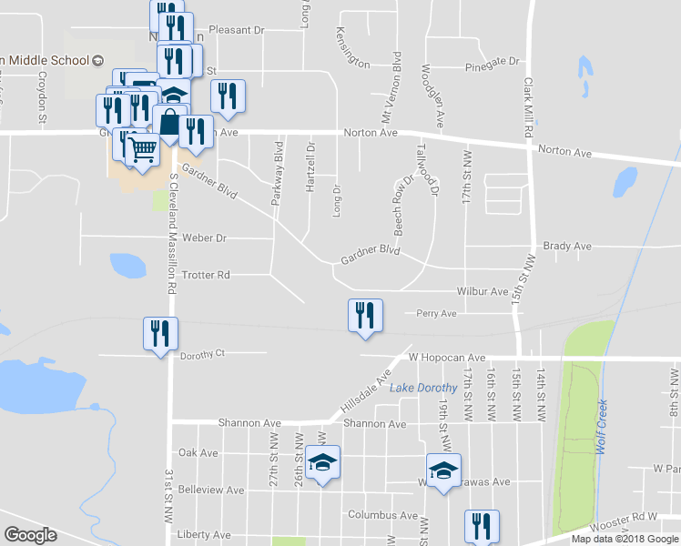 map of restaurants, bars, coffee shops, grocery stores, and more near 1140 Gardner Boulevard in Barberton