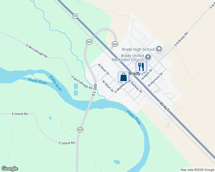map of restaurants, bars, coffee shops, grocery stores, and more near West Short Street in Brady