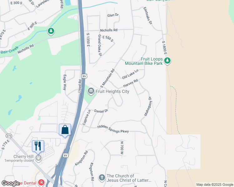 map of restaurants, bars, coffee shops, grocery stores, and more near 1553 James Drive in Fruit Heights