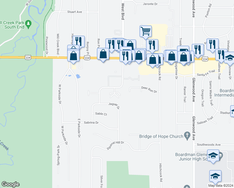 map of restaurants, bars, coffee shops, grocery stores, and more near 7379 Bonnie Place in Youngstown