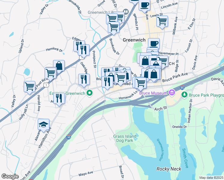 map of restaurants, bars, coffee shops, grocery stores, and more near 255 Field Point Road in Greenwich