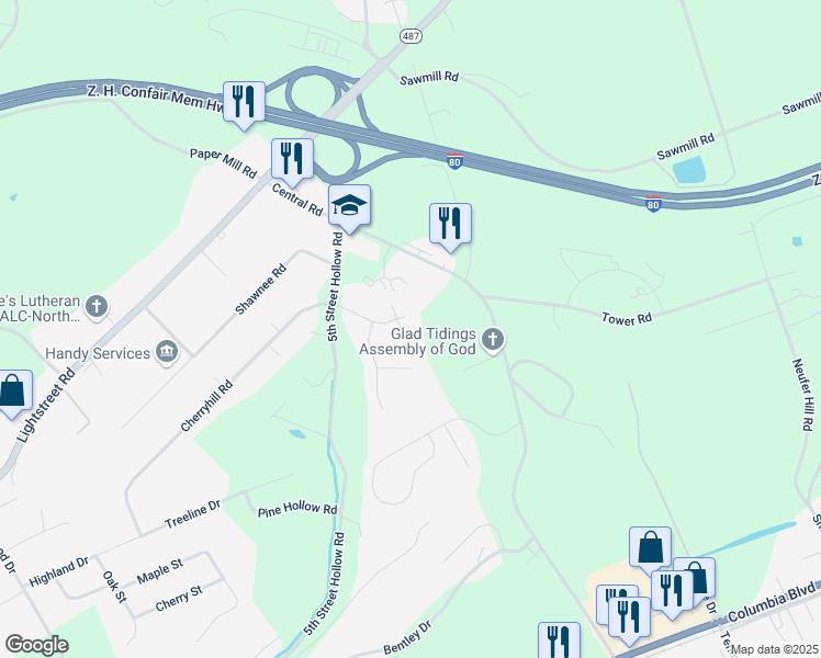 map of restaurants, bars, coffee shops, grocery stores, and more near 13 Kaitlyn Ln in Bloomsburg
