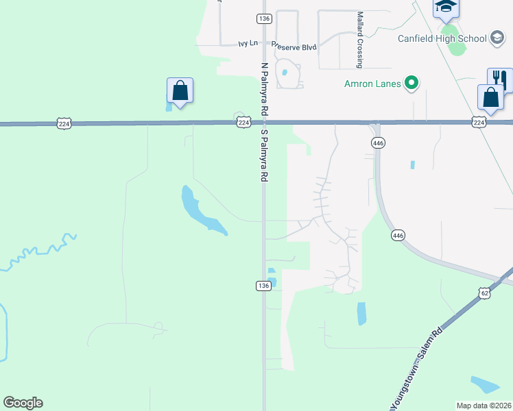 map of restaurants, bars, coffee shops, grocery stores, and more near 6787 South Palmyra Road in Canfield