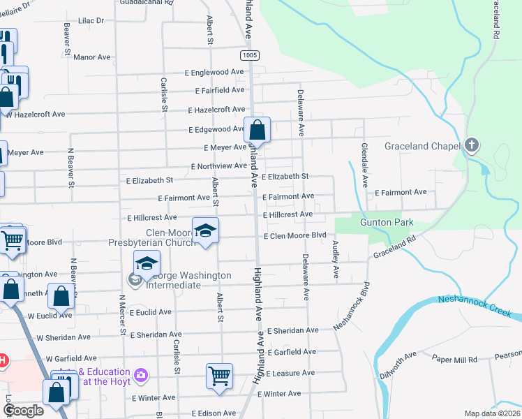 map of restaurants, bars, coffee shops, grocery stores, and more near 410 East Hillcrest Avenue in New Castle