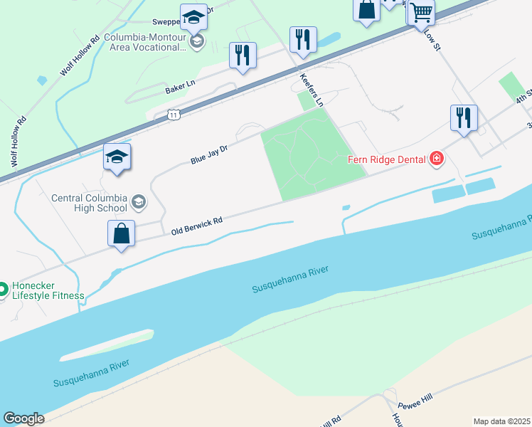 map of restaurants, bars, coffee shops, grocery stores, and more near 5210 Old Berwick Road in Bloomsburg