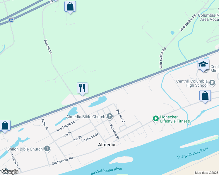 map of restaurants, bars, coffee shops, grocery stores, and more near 3820 Columbia Boulevard in Bloomsburg