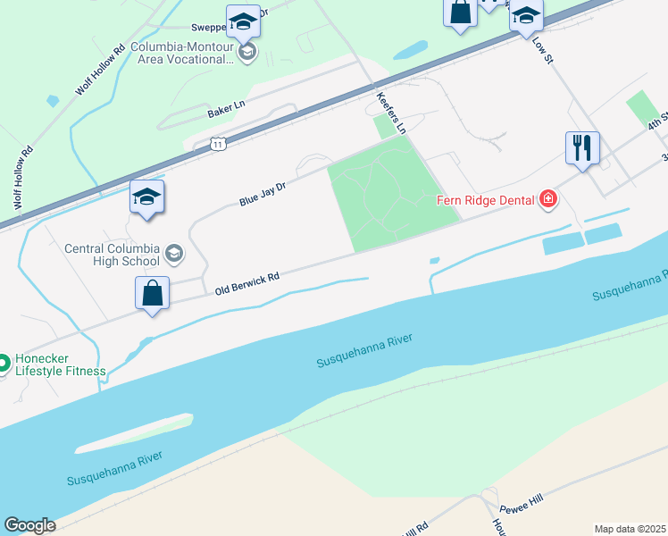 map of restaurants, bars, coffee shops, grocery stores, and more near 5210 Old Berwick Road in Bloomsburg