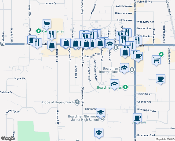 map of restaurants, bars, coffee shops, grocery stores, and more near 7416 Oregon Trail in Youngstown