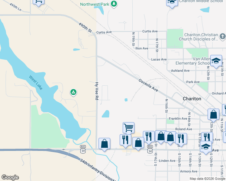 map of restaurants, bars, coffee shops, grocery stores, and more near 500 Hy Vee Road in Chariton