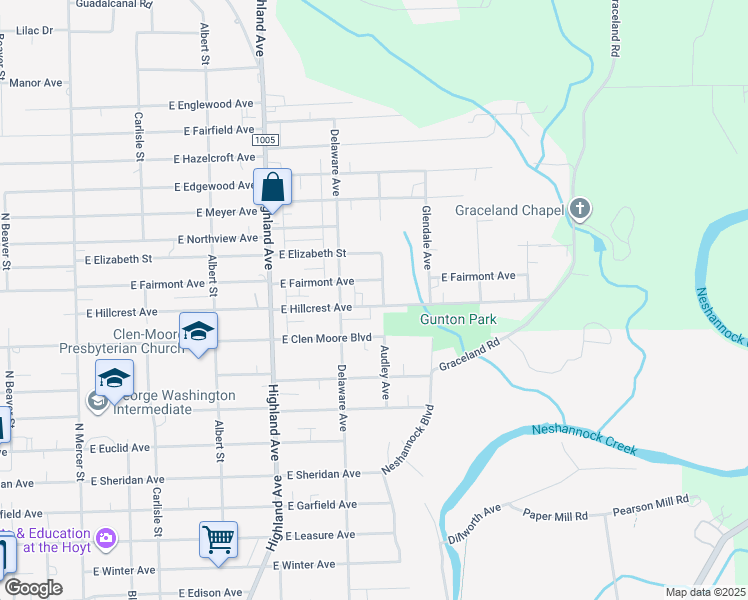 map of restaurants, bars, coffee shops, grocery stores, and more near 512 East Hillcrest Avenue in New Castle