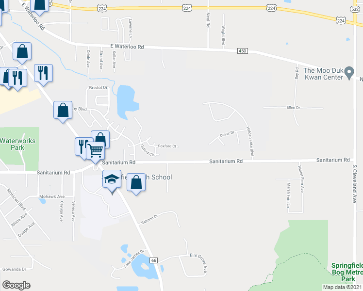 map of restaurants, bars, coffee shops, grocery stores, and more near 3263 Foxford Court in Akron