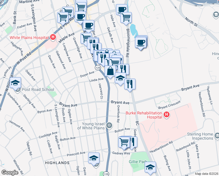 map of restaurants, bars, coffee shops, grocery stores, and more near 72 Old Mamaroneck Road in White Plains
