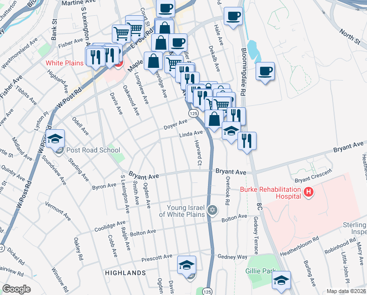 map of restaurants, bars, coffee shops, grocery stores, and more near 15 Grandview Avenue in White Plains