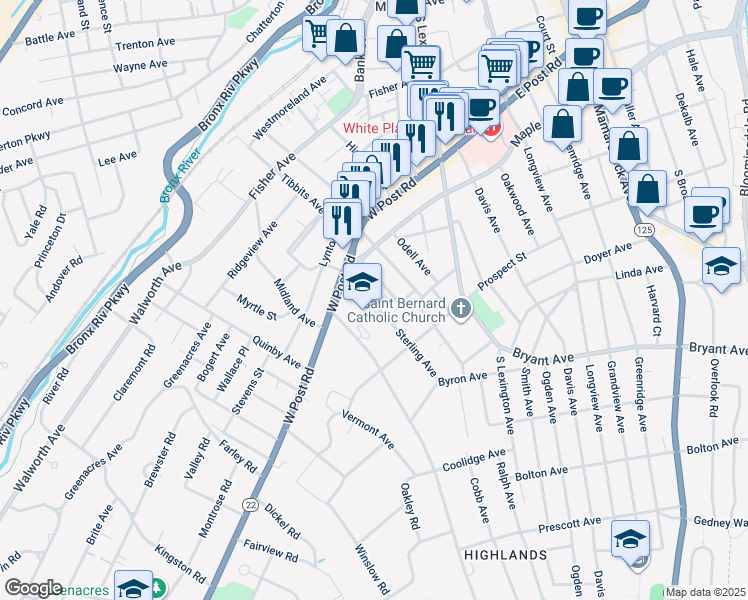 map of restaurants, bars, coffee shops, grocery stores, and more near 175 West Post Road in White Plains