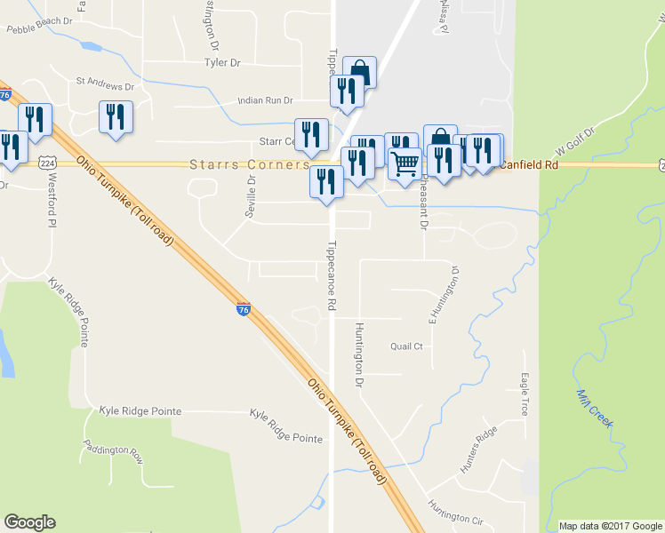 map of restaurants, bars, coffee shops, grocery stores, and more near 6674 Tippecanoe Rd in Canfield