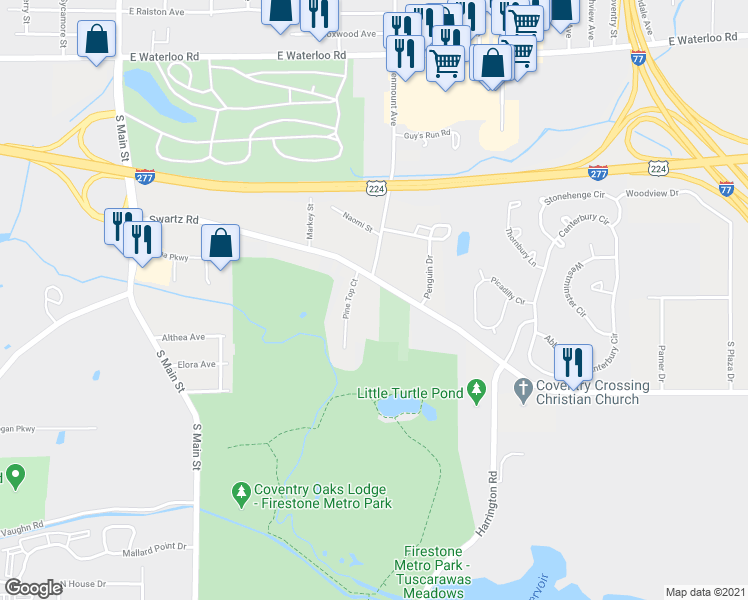 map of restaurants, bars, coffee shops, grocery stores, and more near 308 Swartz Road in Akron