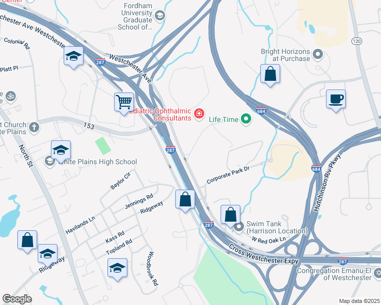 map of restaurants, bars, coffee shops, grocery stores, and more near 2 Westchester Park Drive in White Plains