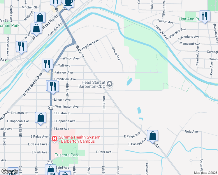 map of restaurants, bars, coffee shops, grocery stores, and more near 315 East State Street in Barberton